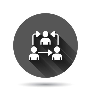 İnsanlar düz bir şekilde ikona başvururlar. Siyah yuvarlak arka planda uzun gölge efektli iş iletişimi vektör illüstrasyonu. Referans takım çalışması düğmesi iş konsepti.