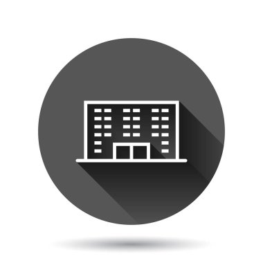 Düz bir ikon oluşturuluyor. Uzun gölge efektli, siyah yuvarlak arkaplanlı, gökdelen daire vektör çizimi. Şehir merkezi düğmesi iş konsepti.