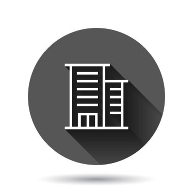 Düz bir ikon oluşturuluyor. Uzun gölge efektli, siyah yuvarlak arkaplanlı, gökdelen daire vektör çizimi. Şehir merkezi düğmesi iş konsepti.