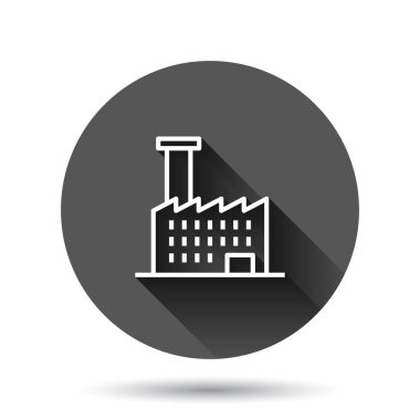 Düz bir ikon oluşturuluyor. Uzun gölge efektli, siyah yuvarlak arkaplanlı, gökdelen daire vektör çizimi. Şehir merkezi düğmesi iş konsepti.