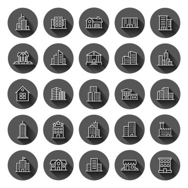 Bina simgesi düz biçimde ayarlandı. Uzun gölge efektli, siyah yuvarlak arkaplanlı, gökdelen daire vektör çizimi. Şehir merkezi düğmesi iş konsepti.