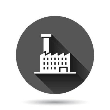 Düz bir ikon oluşturuluyor. Uzun gölge efektli, siyah yuvarlak arkaplanlı, gökdelen daire vektör çizimi. Şehir merkezi düğmesi iş konsepti.