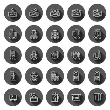 Otel simgesi düz bir şekilde ayarlandı. Siyah yuvarlak arka planda uzun gölge efektli vektör illüstrasyonunu ayarlıyorum. Tatil rezervasyonu daire düğmesi iş konsepti.
