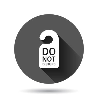 Otel tabelasının simgesini düz bir şekilde bozmayın. Siyah yuvarlak arka plan üzerinde uzun gölge efektli otelin vektör illüstrasyonu. Yurt temiz oda daire düğmesi iş konsepti.