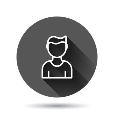 Düz bir şekilde iletişim ikonu. İnsanlar siyah yuvarlak arka planda uzun gölge efektli illüstrasyonlar çiziyorlar. Ortaklık çemberi iş konsepti.