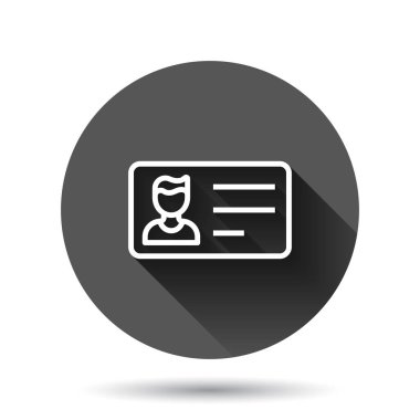 Düz stil kimlik kartı simgesi. Siyah yuvarlak arka planda uzun gölge efektli kimlik etiketi vektör illüstrasyonu. Sürücü belgesi çember iş konsepti.