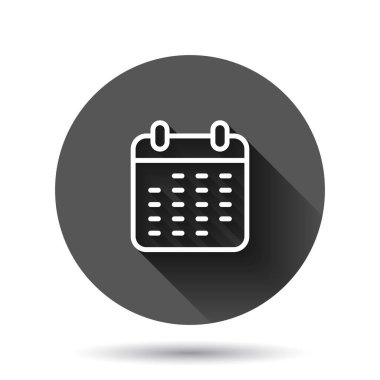 Düz stil takvim simgesi. Siyah yuvarlak arka planda uzun gölge efektli gündem vektör illüstrasyonu. Planlama çemberi iş konsepti.