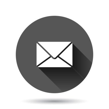 Düz biçimli e- posta ileti simgesi. Siyah yuvarlak arkaplan üzerindeki uzun gölge efektli belge vektör illüstrasyonunu postala. İleti yazışmaları çember iş kavramı.
