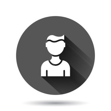 Düz bir şekilde iletişim ikonu. İnsanlar siyah yuvarlak arka planda uzun gölge efektli illüstrasyonlar çiziyorlar. Ortaklık çemberi iş konsepti.