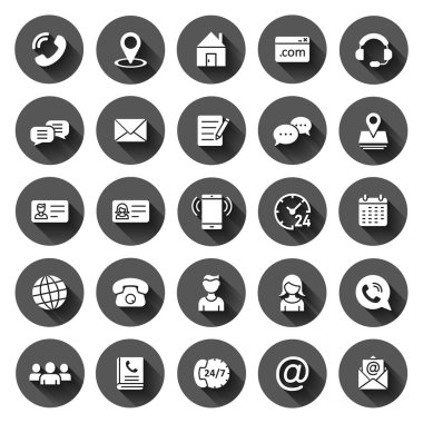 İletişim simgesi düz biçimde ayarlandı. Siyah yuvarlak arka planda uzun gölge efektli telefon iletişim vektör illüstrasyonu. Web sitesi ekipman çemberi iş konsepti.