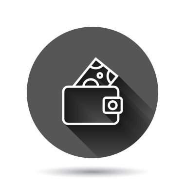 Cüzdan simgesi düz stil. Uzun gölge efektli siyah yuvarlak arka planda çanta vektör çizimi. Mali çanta çemberi iş konsepti.