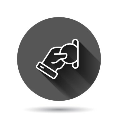 Düz bir siluet simgesi. Siyah yuvarlak arka planda uzun gölge efektli el vektör illüstrasyonundaki para. Madeni para bordrosu düğmesi iş konsepti.