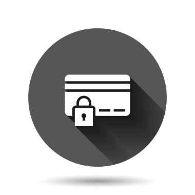 Kredi kartı koruma simgesi düz stil. Siyah yuvarlak arka planda uzun gölge efektli güvenli bir alışveriş vektörü çizimi. Ticari asma kilit düğmesi iş konsepti.