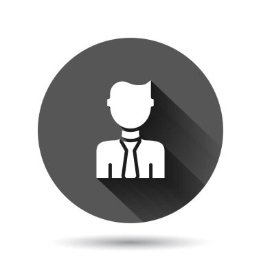 Düz bir şekilde iletişim ikonu. İnsanlar siyah yuvarlak arka planda uzun gölge efektli illüstrasyonlar çiziyorlar. Ortaklık çemberi iş konsepti.