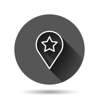 Harita pin simgesi düz stil. Siyah yuvarlak arka planda uzun gölge efektli GPS navigasyon vektör çizimi. Konum çember iş kavramını belirle.