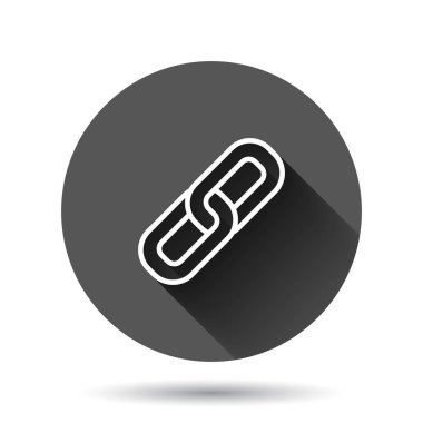 Düz stil zincir simgesi. Siyah yuvarlak arka planda uzun gölge efektli ağ hiper-bağlantı vektör çizimi. Çember düğmesi iş konseptini ekle.