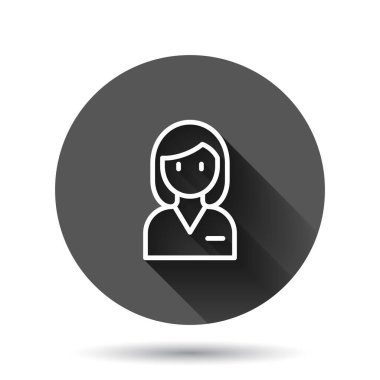 Düz stil bir kadın yüzü. İnsanlar siyah yuvarlak arka planda uzun gölge efektli illüstrasyonlar çiziyorlar. Ortaklık çemberi iş konsepti.