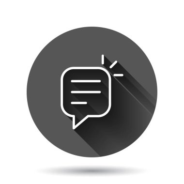 Sohbet simgesini düz konuş. Konuşma baloncukları uzun gölge efektli siyah yuvarlak arka plan vektör illüstrasyonu. Takım tartışma çemberi iş konsepti.