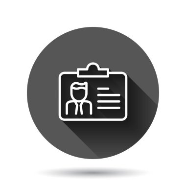 Düz stil kimlik kartı simgesi. Siyah yuvarlak arka planda uzun gölge efektli kimlik etiketi vektör illüstrasyonu. Sürücü belgesi çember iş konsepti.