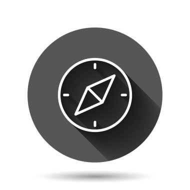 Pusula simgesi düz stil. Siyah yuvarlak arka planda uzun gölge efektli seyrüsefer ekipmanları vektör çizimi. Seyahat yönü daire düğmesi iş konsepti.