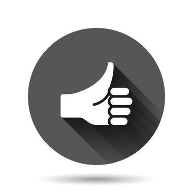 Düz stil olarak başparmak yukarı simgesi. Siyah yuvarlak arka planda uzun gölge efektli bir jest vektör çizimi gibi. Onay işareti çember iş kavramı.