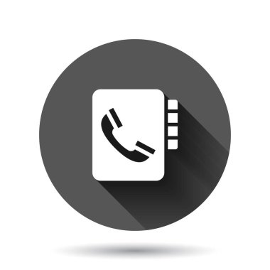 Adres defteri simgesi düz stil. Uzun gölge efektli siyah yuvarlak arkaplan üzerine telefon defteri vektör çizimi. Yardım hattı iletişim çemberi iş konsepti.