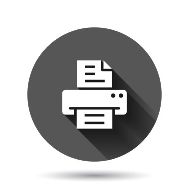 Ofis yazıcısı simgesi düz stil. Siyah yuvarlak arka plan üzerine uzun gölge efektli faks vektör çizimi. Metin çıktısı daire iş konsepti.