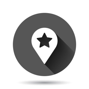 Harita pin simgesi düz stil. Siyah yuvarlak arka planda uzun gölge efektli GPS navigasyon vektör çizimi. Konum çember iş kavramını belirle.