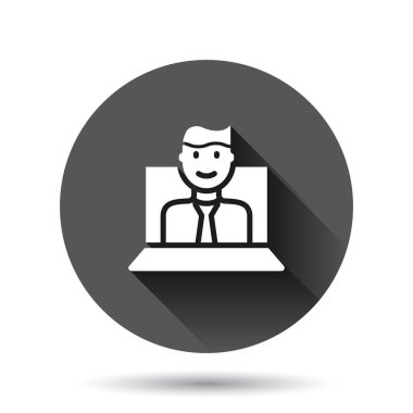 Düz stil dizüstü bilgisayar ikonu olan insanlar. Siyah yuvarlak arka planda uzun gölge efektli Pc kullanıcı çizimi. Ofis yöneticisi çember iş kavramı.