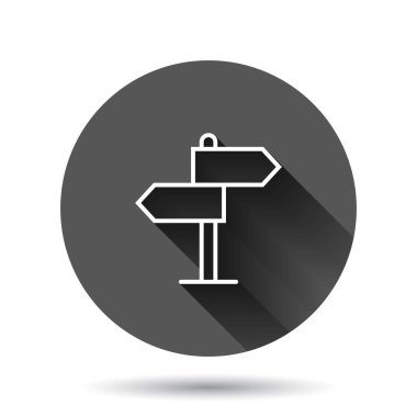 Düz stil kavşak işareti simgesi. Siyah yuvarlak arka planda uzun gölge efektli yol yönü vektör çizimi. Yol Tasarımı Çember İş Konsepti.