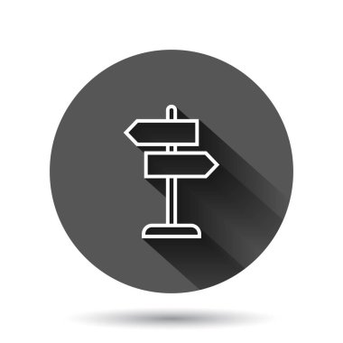 Düz stil kavşak işareti simgesi. Siyah yuvarlak arka planda uzun gölge efektli yol yönü vektör çizimi. Yol Tasarımı Çember İş Konsepti.