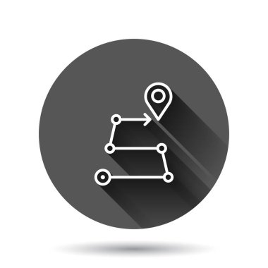 Harita pin simgesi düz stil. Siyah yuvarlak arka planda uzun gölge efektli GPS navigasyon vektör çizimi. Konum çember iş kavramını belirle.