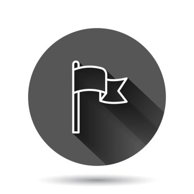 Düz stil bayrak simgesi. Siyah yuvarlak arka planda uzun gölge efektli iğne vektör çizimi. Bayrak direği daire iş konsepti.