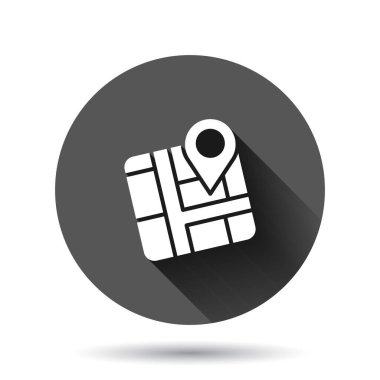 Harita pin simgesi düz stil. Siyah yuvarlak arka planda uzun gölge efektli GPS navigasyon vektör çizimi. Konum çember iş kavramını belirle.