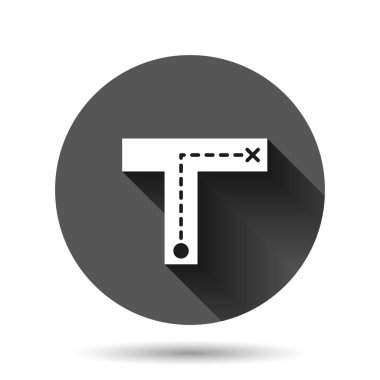 Düz stil kavşak simgesi. Siyah yuvarlak arka planda uzun gölge efektli yol yön vektör çizimi. Pin konumu çember iş kavramını belirle.