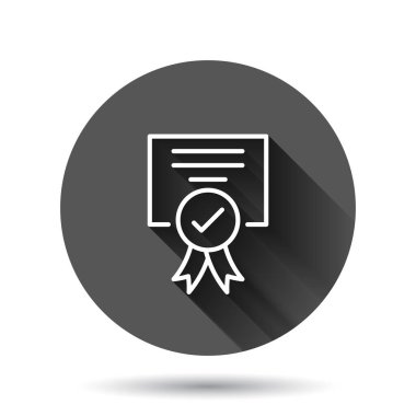 Sertifika simgesini düz şekilde onayla. Siyah yuvarlak arka plan üzerindeki uzun gölge efektli belge işaretleme vektör çizelgesi. Onaylama seçimi çemberi iş konsepti.