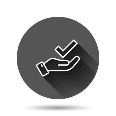 İnsanlar işaret simgesini düz bir şekilde ele alıyorlar. Siyah yuvarlak arka plandaki uzun gölge efektli vektör illüstrasyonunu kabul et. Onaylama seçimi çemberi iş konsepti.