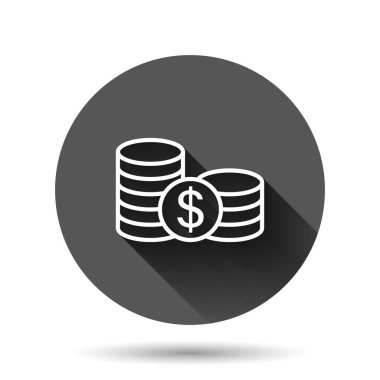 Bozuk para yığın simgesi düz stil. Siyah yuvarlak arka planda uzun gölge efektli dolar para vektör illüstrasyonu. Para yığılmış daire düğmesi iş konsepti.