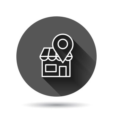 Ev pin simgesi düz stil. Siyah yuvarlak arka planda uzun gölge efektli ev navigasyon vektör çizimi. Konum çember iş kavramını belirle.