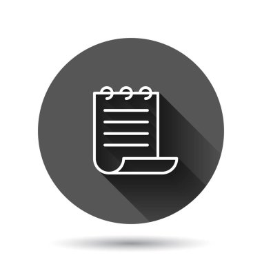 Düz biçimli belge notu simgesi. Siyah yuvarlak arka planda uzun gölge efektli kağıt sayfa vektör illüstrasyonu. Not defteri belge çemberi iş konsepti.