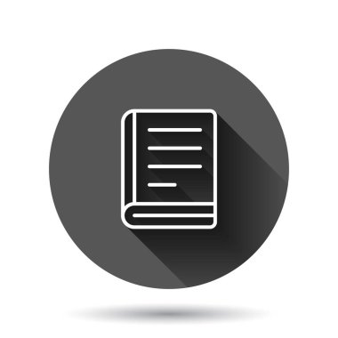 Belge kitap simgesi düz stil. Siyah yuvarlak arka planda uzun gölge efektli kağıt sayfa vektör illüstrasyonu. Not defteri belge çemberi iş konsepti.