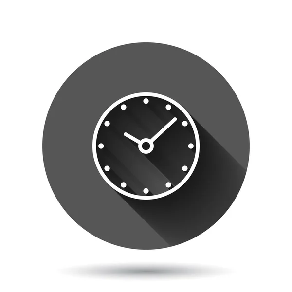 时钟图标为扁平风格 观察具有长阴影效果的黑色圆形背景上的矢量图解 定时器循环按钮业务概念 — 图库矢量图片
