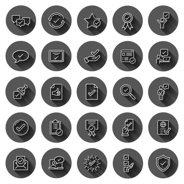 Утвердить набор значков в плоском стиле. Отметьте векторную иллюстрацию черного круглого фона с эффектом длинной тени. Тик принято круг кнопки бизнес-концепция
.