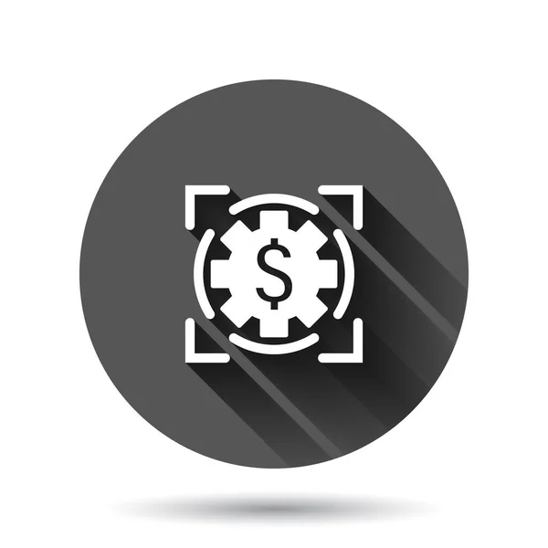 フラットスタイルでお金の収益アイコン 黒丸の背景に長い影効果を持つドルコインベクトルイラスト 財務構造丸ボタンビジネスコンセプト — ストックベクタ