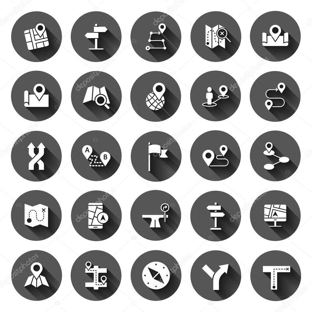 Navigation icon set in flat style. Gps direction vector illustration on black round background with long shadow effect. Locate pin position circle button business concept.