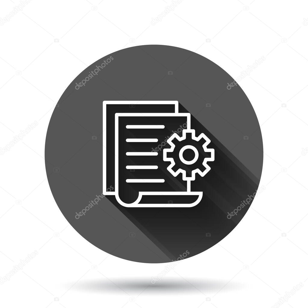 Document with gear icon in flat style. Big data processing vector illustration on black round background with long shadow effect. Paper sheet software solution circle button business concept.
