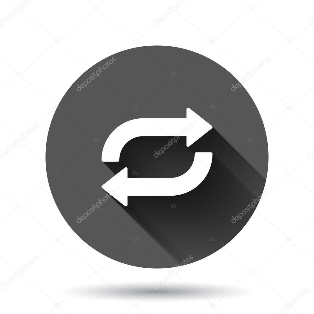 Arrow rotation icon in flat style. Sync action vector illustration on black round background with long shadow effect. Refresh button circle business concept.