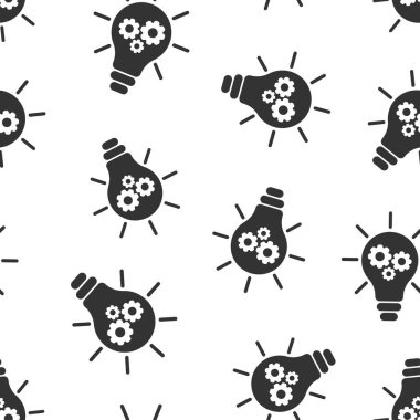 Düz stil icadı. Beyaz izole edilmiş arka planda çark vektör illüstrasyonlu ampul. Fikirsiz şablon iş konsepti.