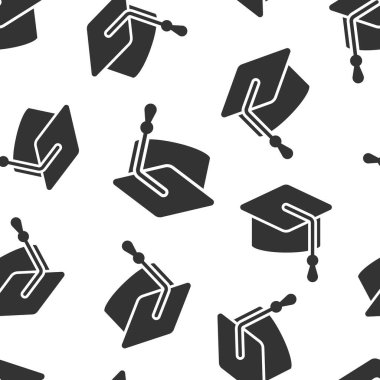 Düz stil mezuniyet şapkası ikonu. Beyaz izole edilmiş arka planda öğrenci şapkası çizimi. Üniversite kusursuz model iş konsepti.