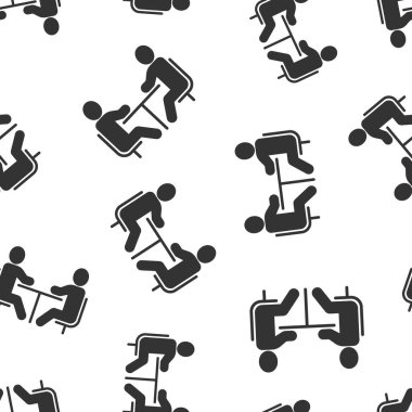 Masa simgesi olan insanlar. Beyaz izole edilmiş arka planda takım çalışması konferans vektör illüstrasyonu. Hoparlör penceresi kusursuz şablon iş konsepti.